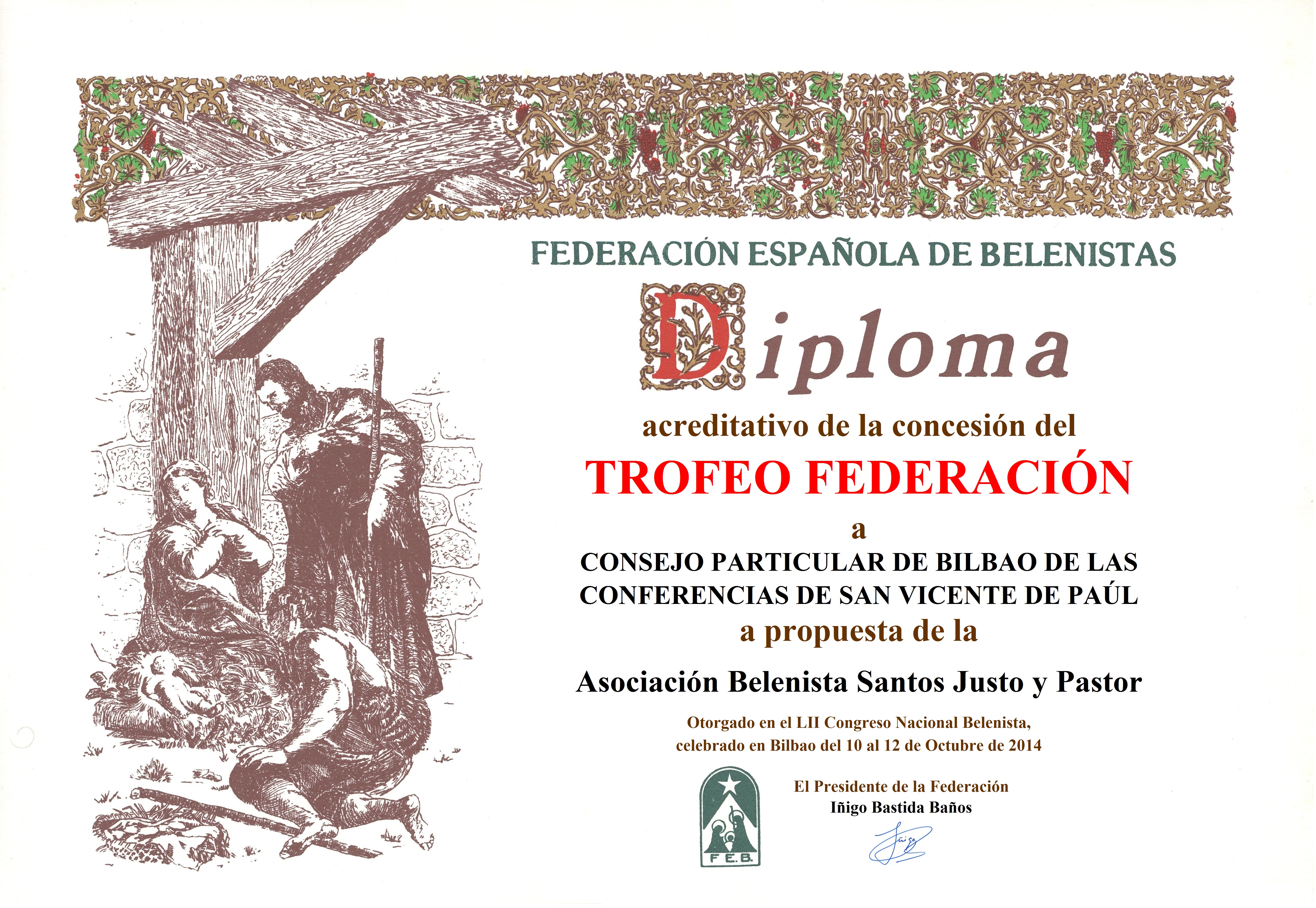 Diploma Trofeo FEB 2014 Consejo Particular de Bilbao de las Conferencias de San Vicente de Paúl España
