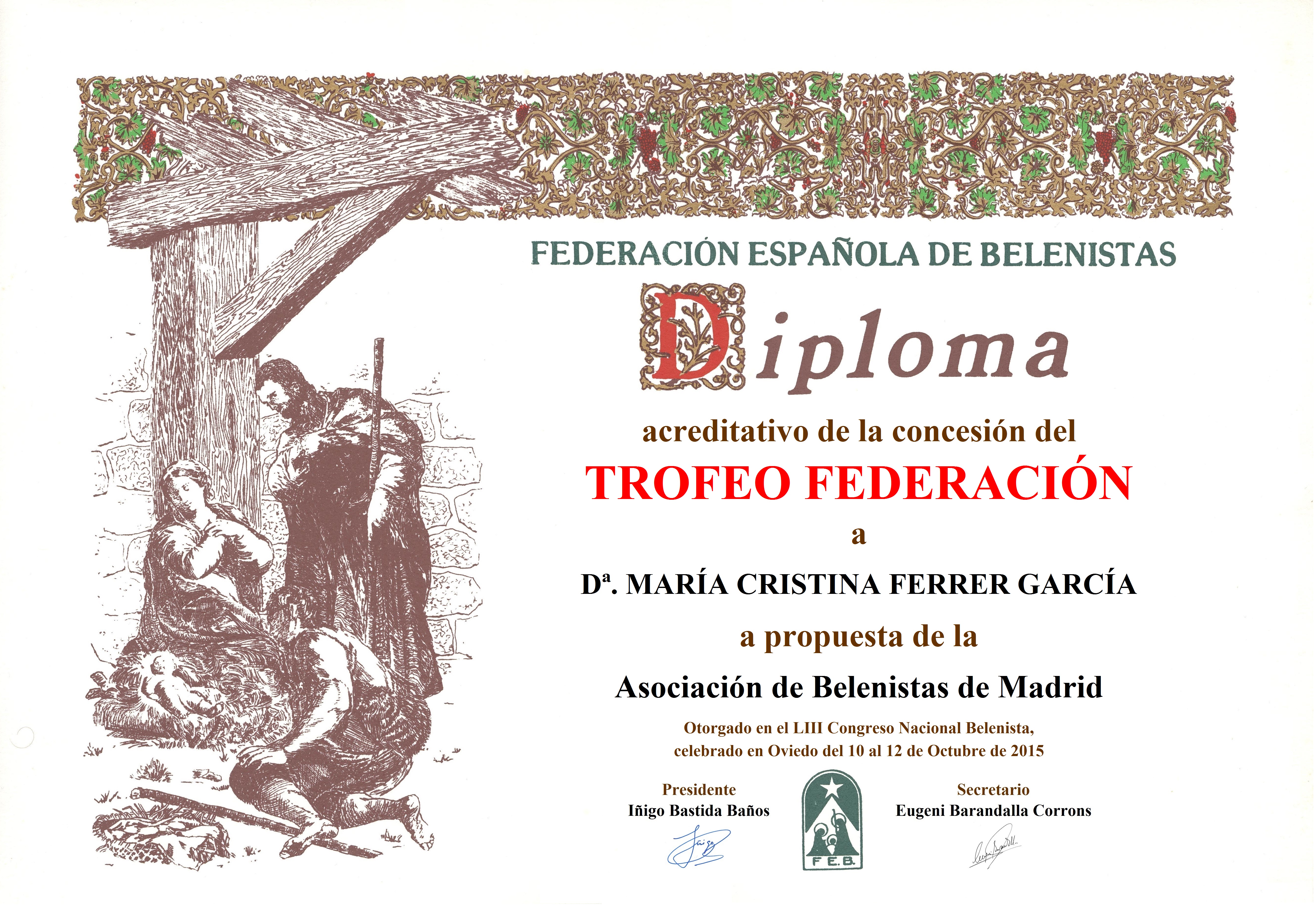 Diploma Trofeo FEB 2015 María Cristina Ferrer García