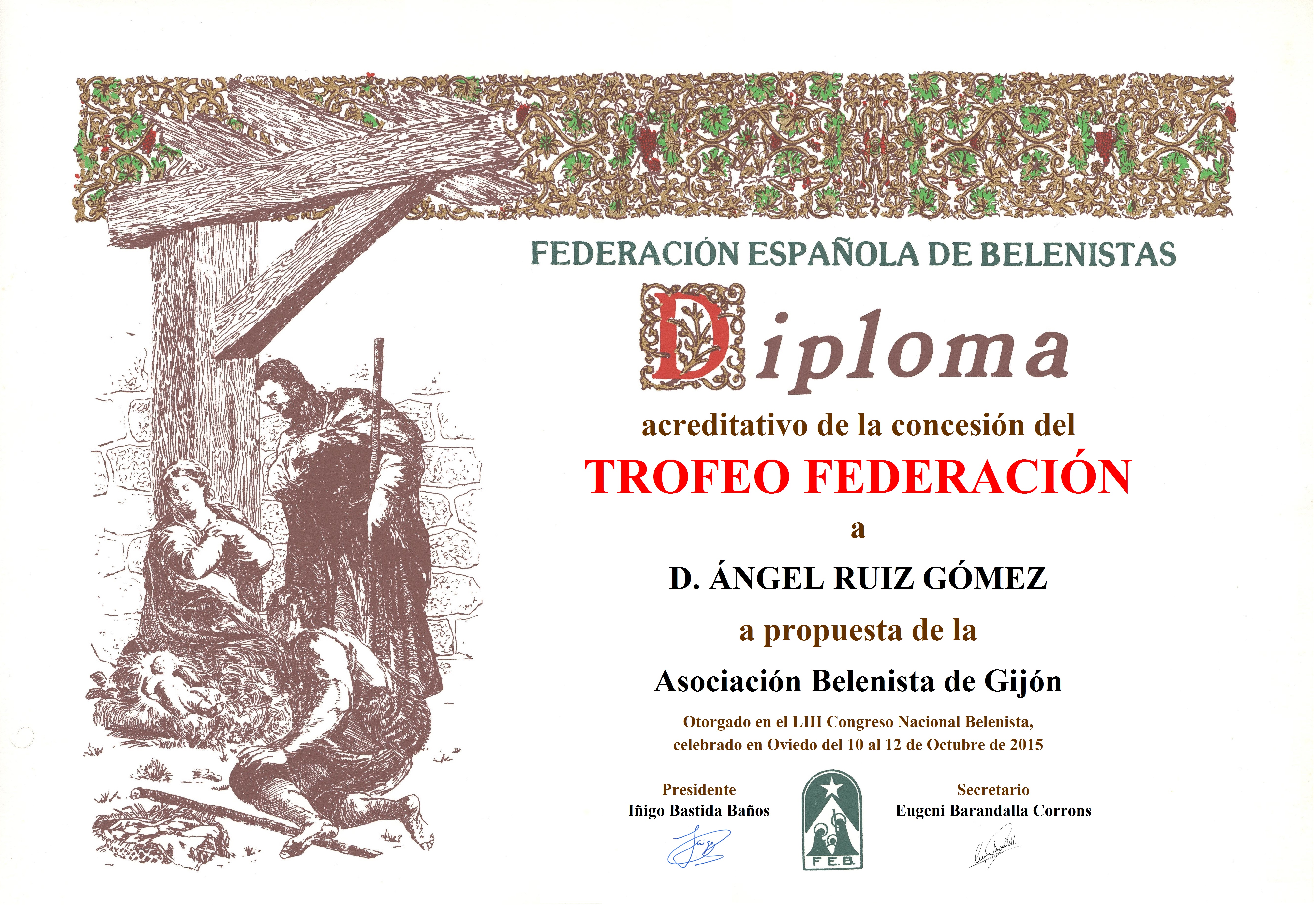 Diploma Trofeo FEB 2015 Ángel Ruiz Gómez