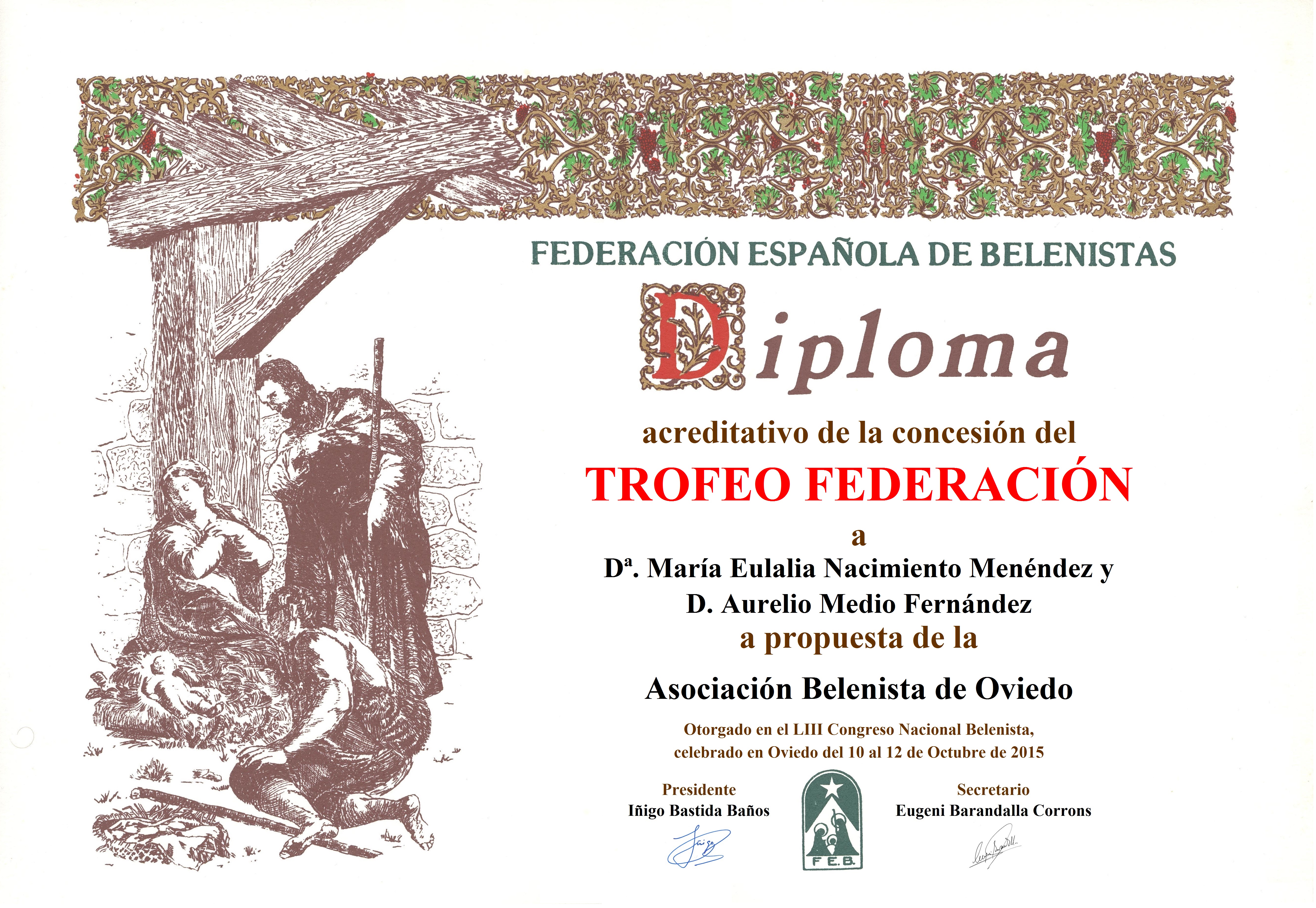 Diploma Trofeo FEB 2015 María Eulalia Nacimiento Menéndez y Aurelio Medio Fernández (Lali y Yeyo)