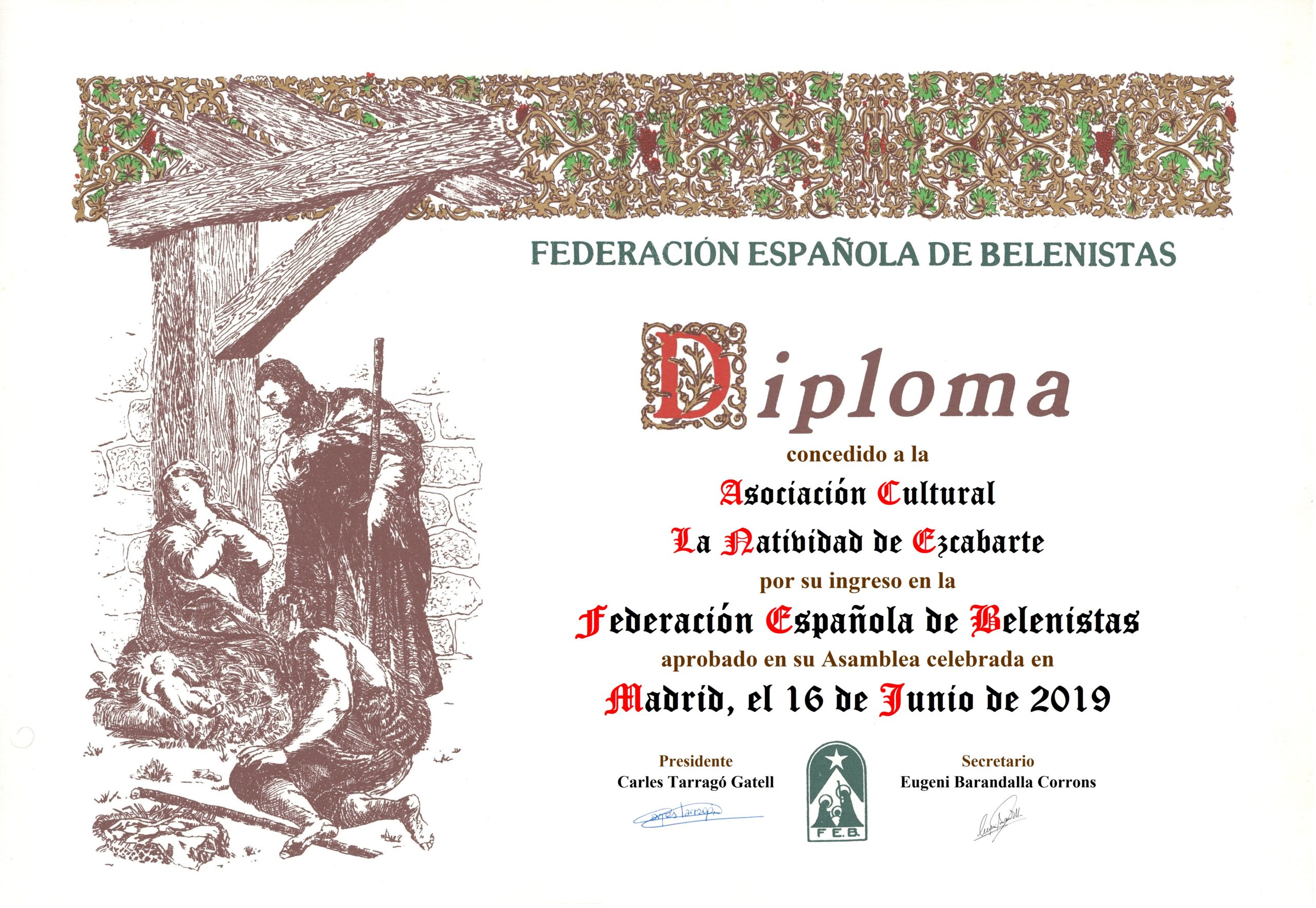 Diploma conmemorativo de la entrada de la Asociación Cultural La Natividad de Ezcabarte en la Federación Española de Belenistas