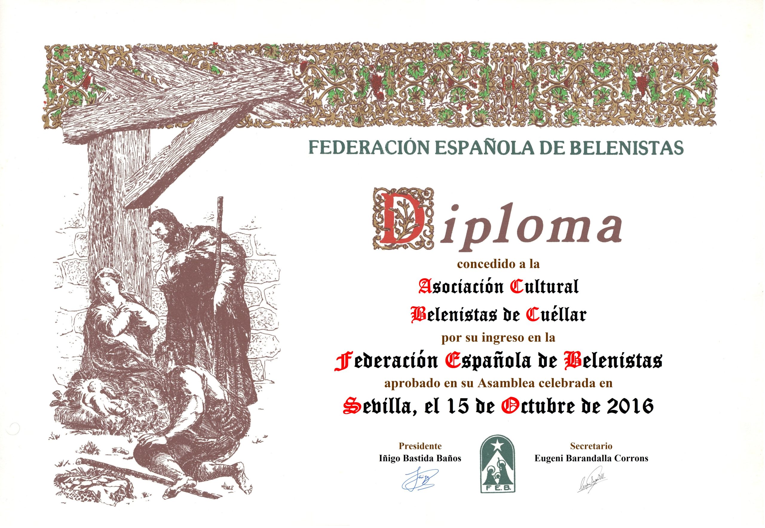Diploma conmemorativo de la entrada en la FEB de la Asociación Cultural Belenistas de Cuéllar