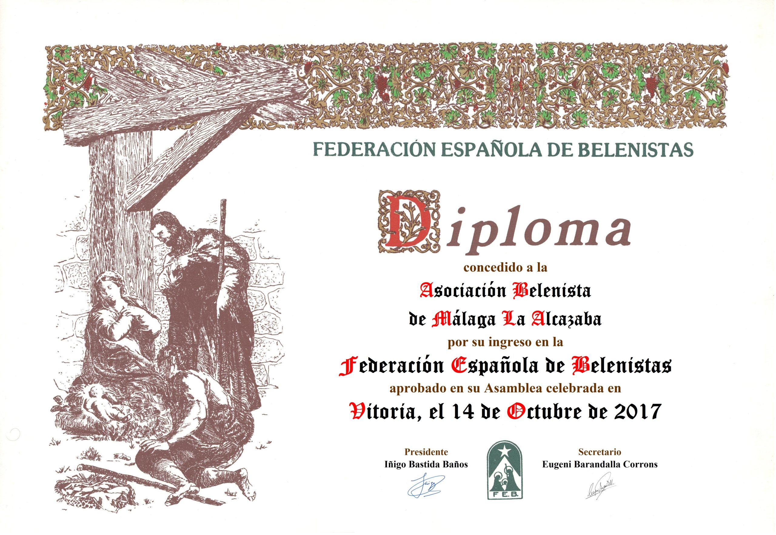 Diploma conmemorativo de la entrada en la FEB de la Asociación Belenista de Málaga La Alcazaba