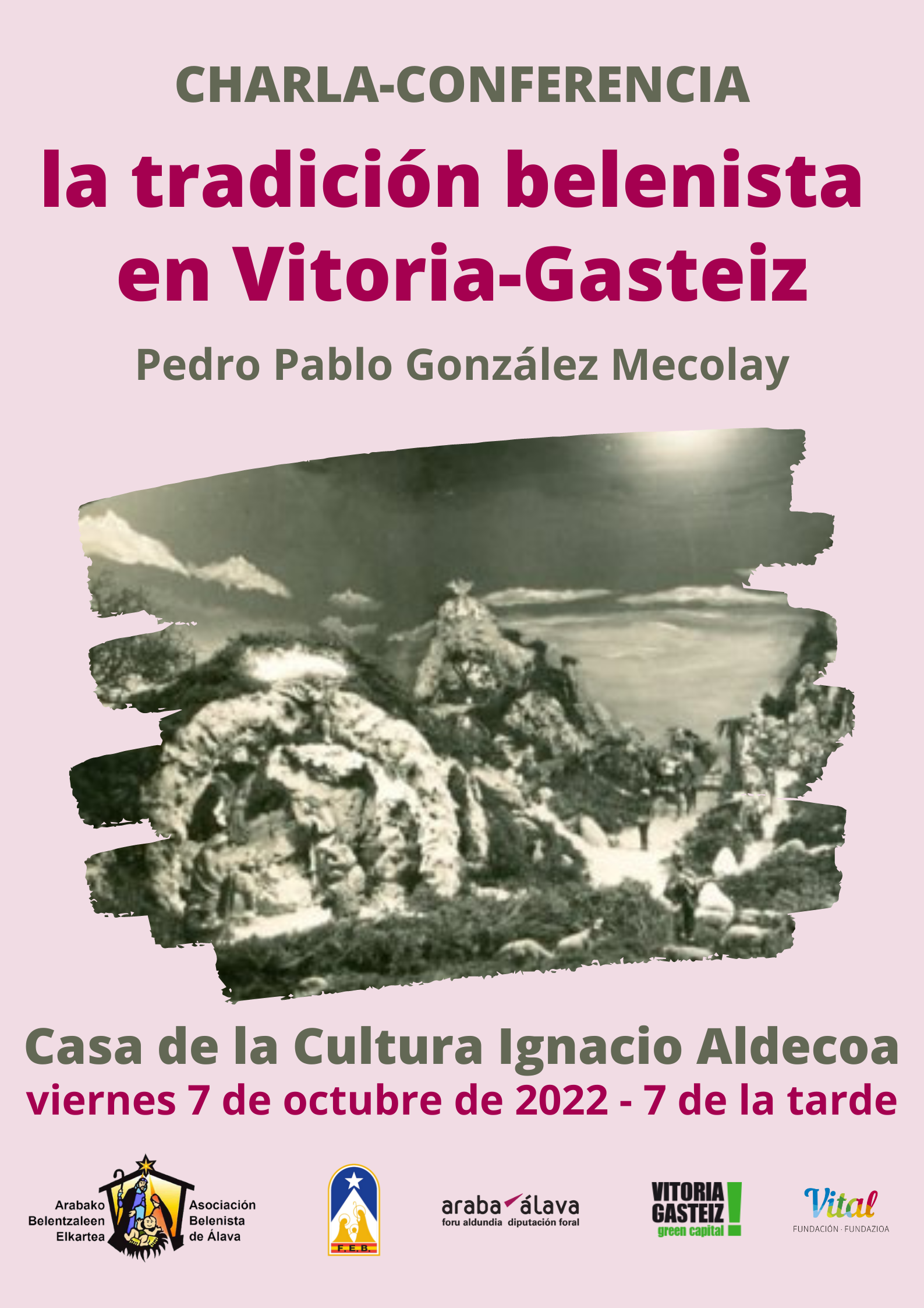 Cartel Charla-Conferencia "La tradición belenista de Vitoria-Gasteiz", impartida por Pedro Pablo González Mecolay y organizada por la Asociación Belenista de Álava