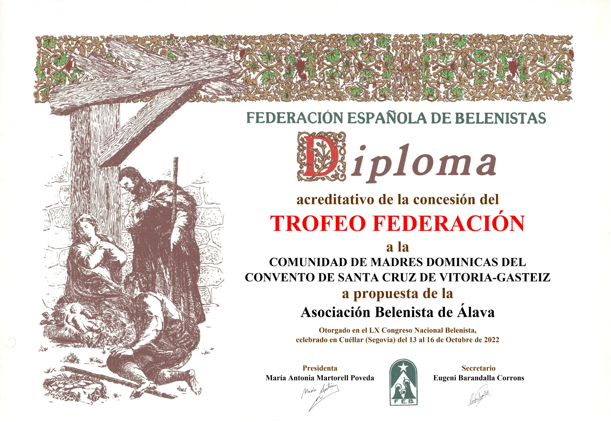 Comunidad de Madres Dominicas del Convento de Santa Cruz de Vitoria-Gasteiz - Diploma Trofeo FEB 2022