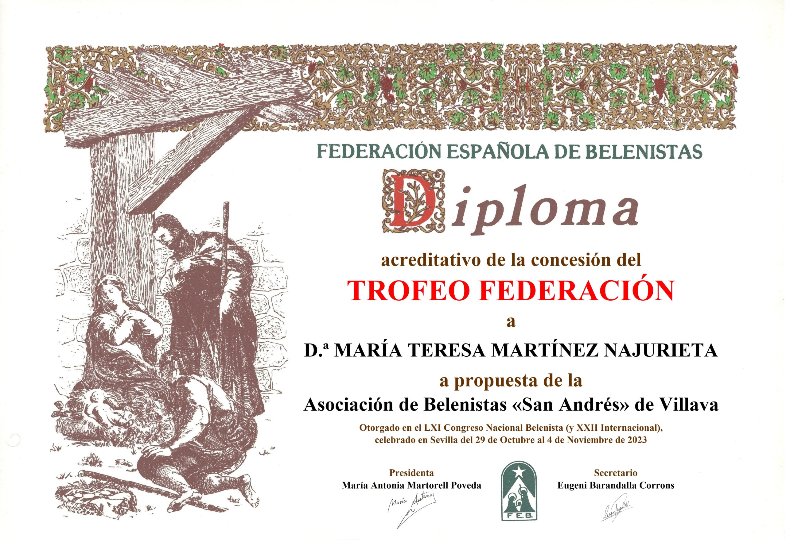 María Teresa Martínez Najurieta (a título póstumo) - Título/Diploma Trofeo FEB 2023