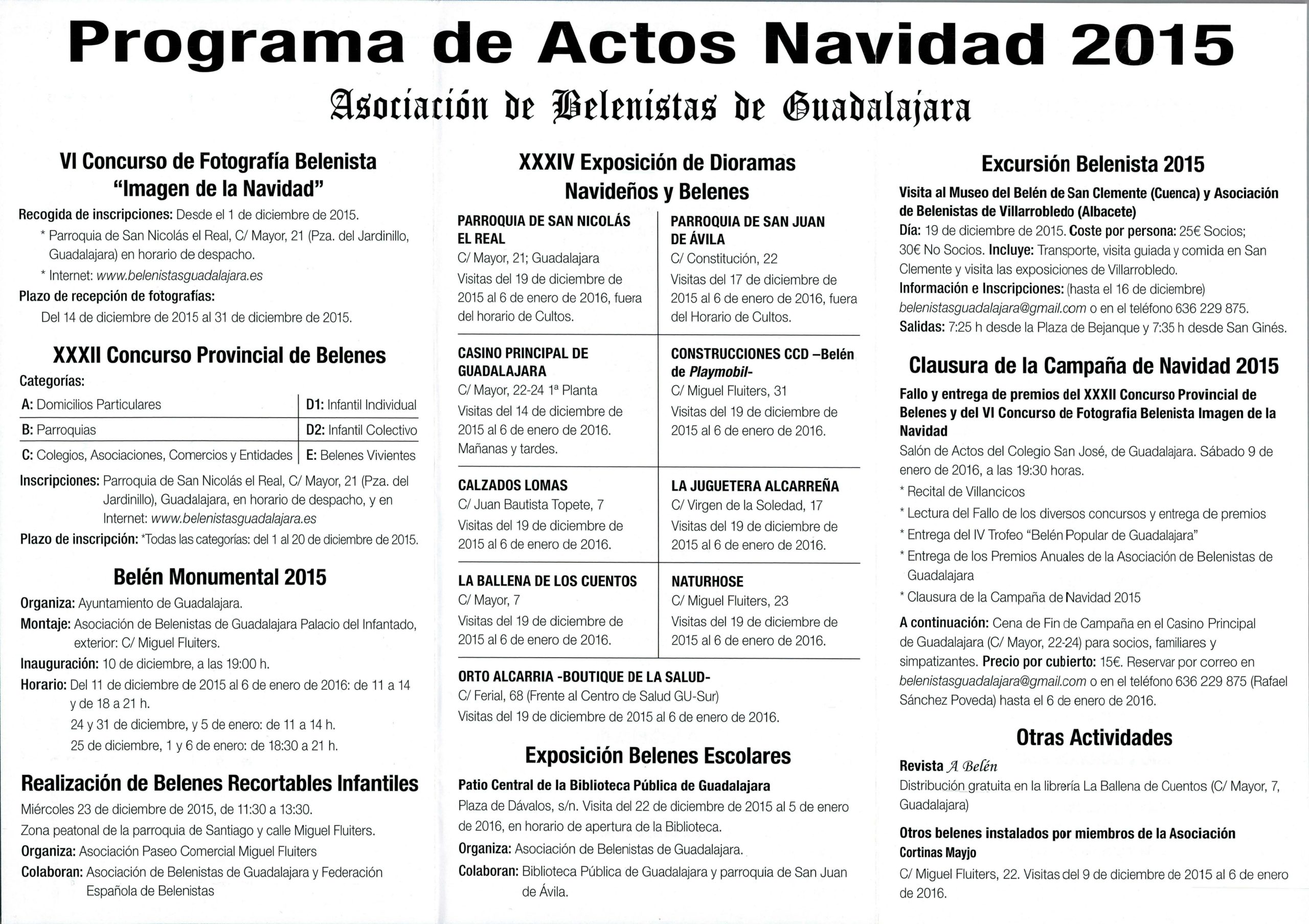 Programa de Actos Navidad 2015 de la Asociación de Belenistas de Guadalajara (reverso)