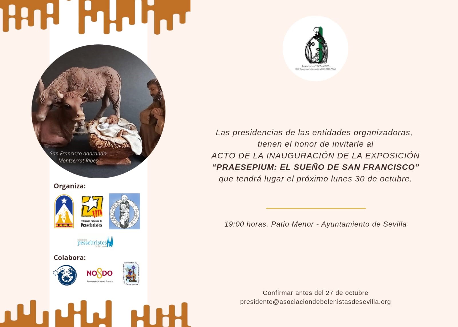 Invitación a la Inauguración de la Exposición «Praesepium: el sueño de san Francisco» en el Patio Menor del Ayuntamiento de Sevilla