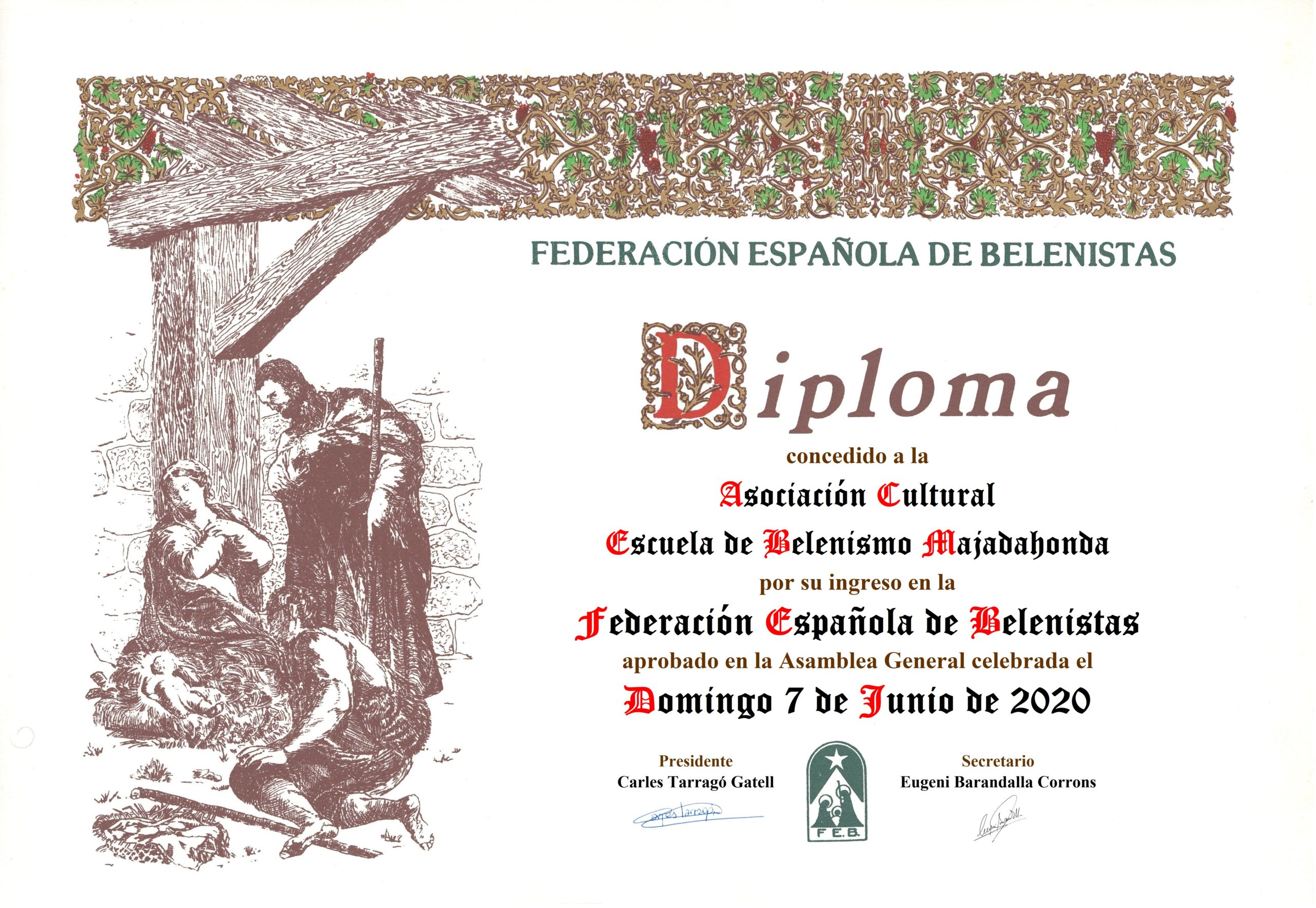Diploma conmemorativo de la entrada de la Asociación Cultural Escuela de Belenismo Majadahonda en la Federación Española de Belenistas el domingo 7 de junio de 2020