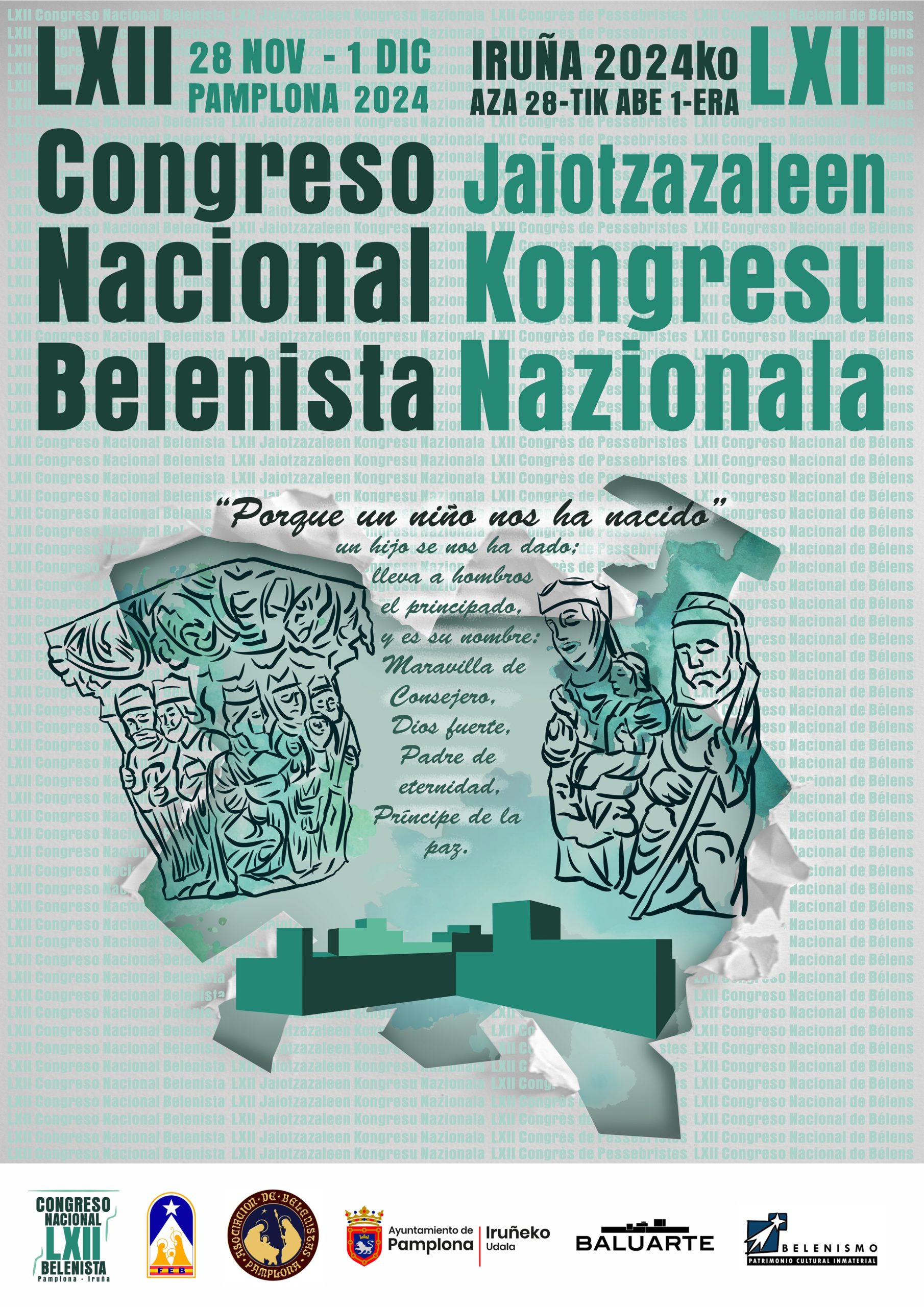 Cartel del LXII Congreso Nacional Belenista celebrado en Pamplona del 28 de noviembre al 1 de diciembre de 2024 y organizado por la Asociación de Belenistas de Pamplona por delegación de la Federación Española de Belenistas.