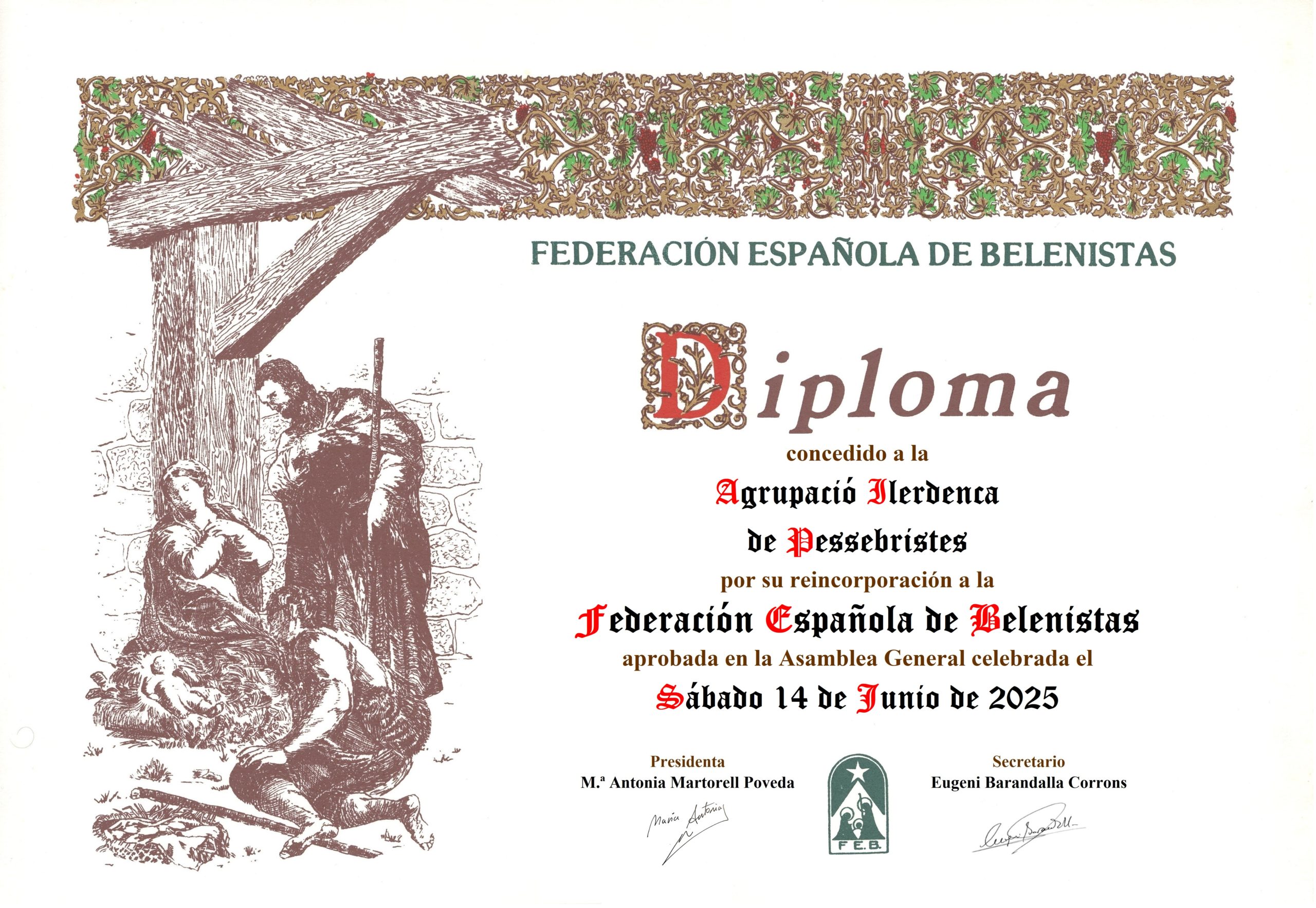Diploma conmemorativo de la reincorporación de la Agrupació Ilerdenca de Pessebristes a la Federación Española de Belenistas el sábado 14 de junio de 2025