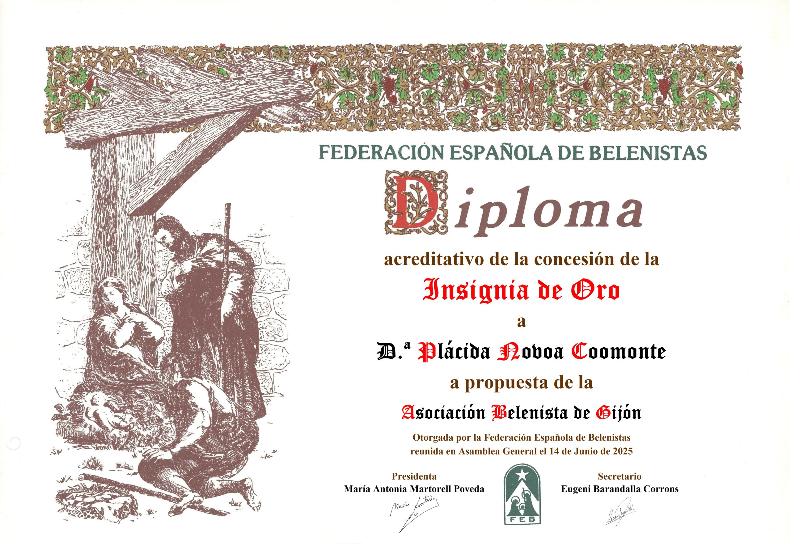Plácida Novoa Coomonte - Título/Diploma Insignia de Oro FEB 2025
