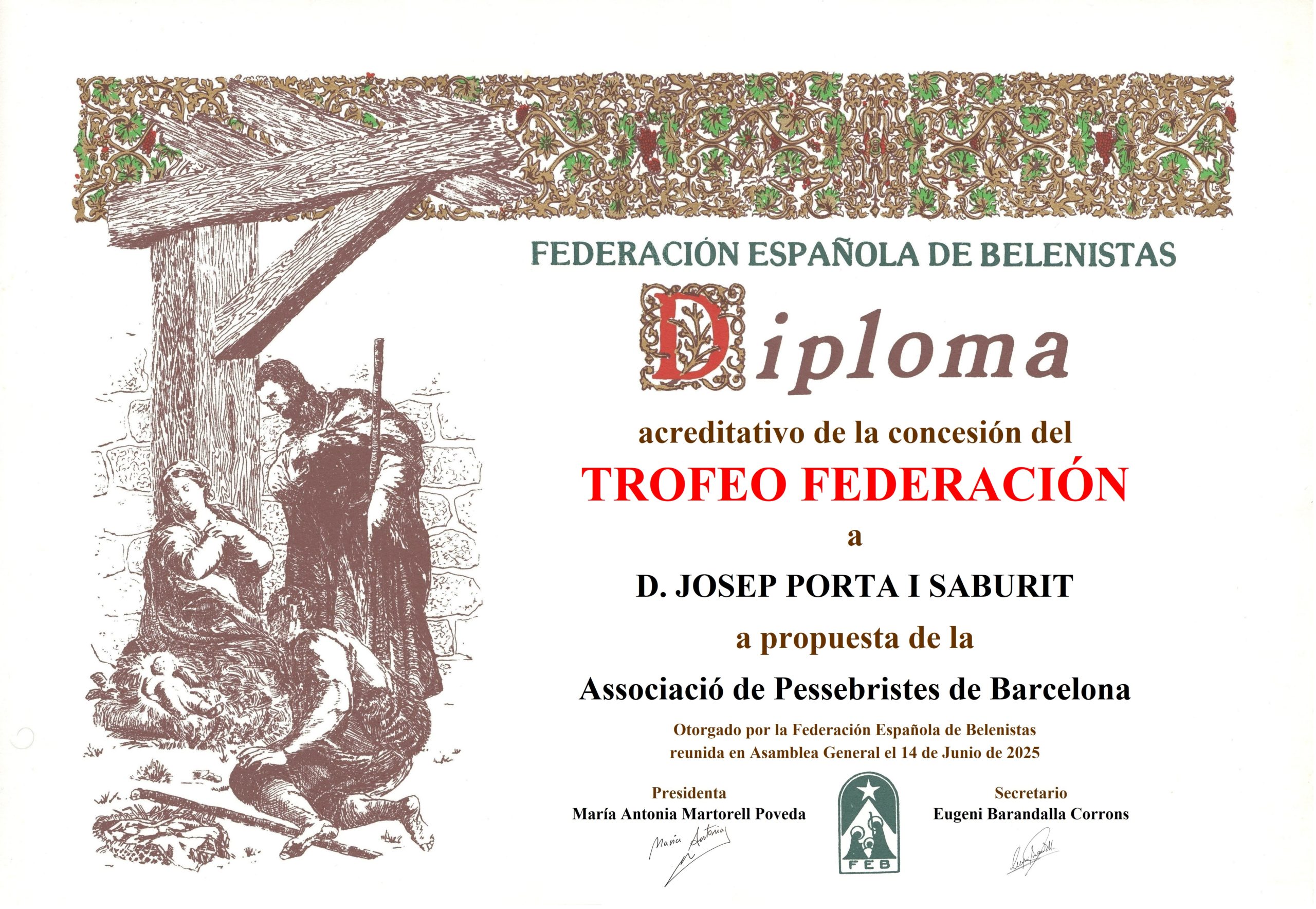 D. Josep Porta i Saburit - Título/Diploma Trofeo FEB 2025