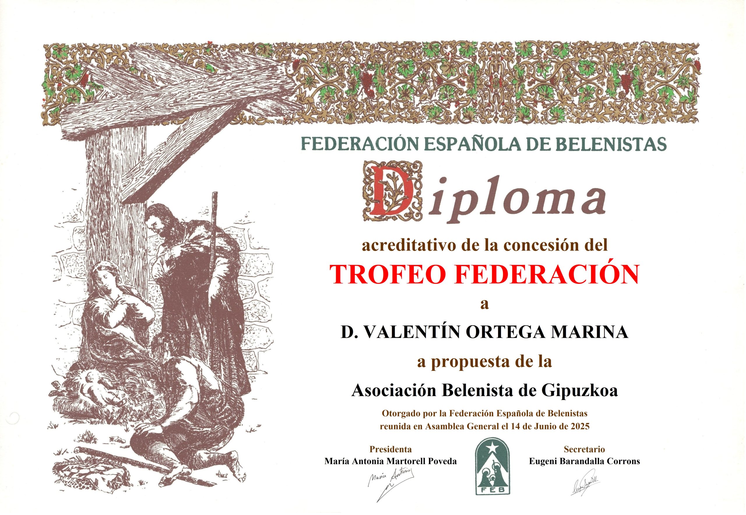 D. Valentín Ortega Marina - Título/Diploma Trofeo FEB 2025