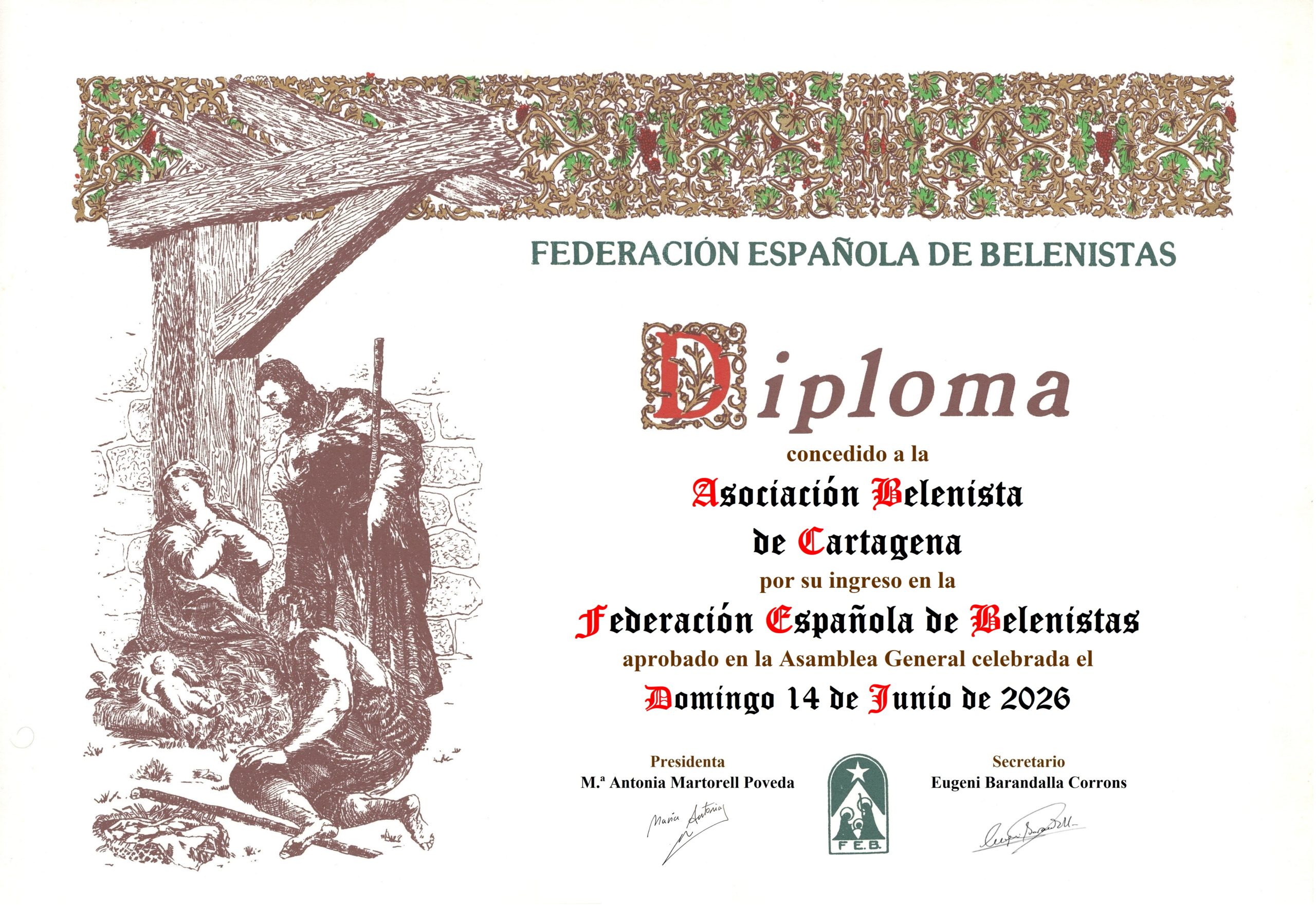 Diploma conmemorativo de la entrada de la Asociación Belenista de Cartagena en la Federación Española de Belenistas el domingo 14 de junio de 2026