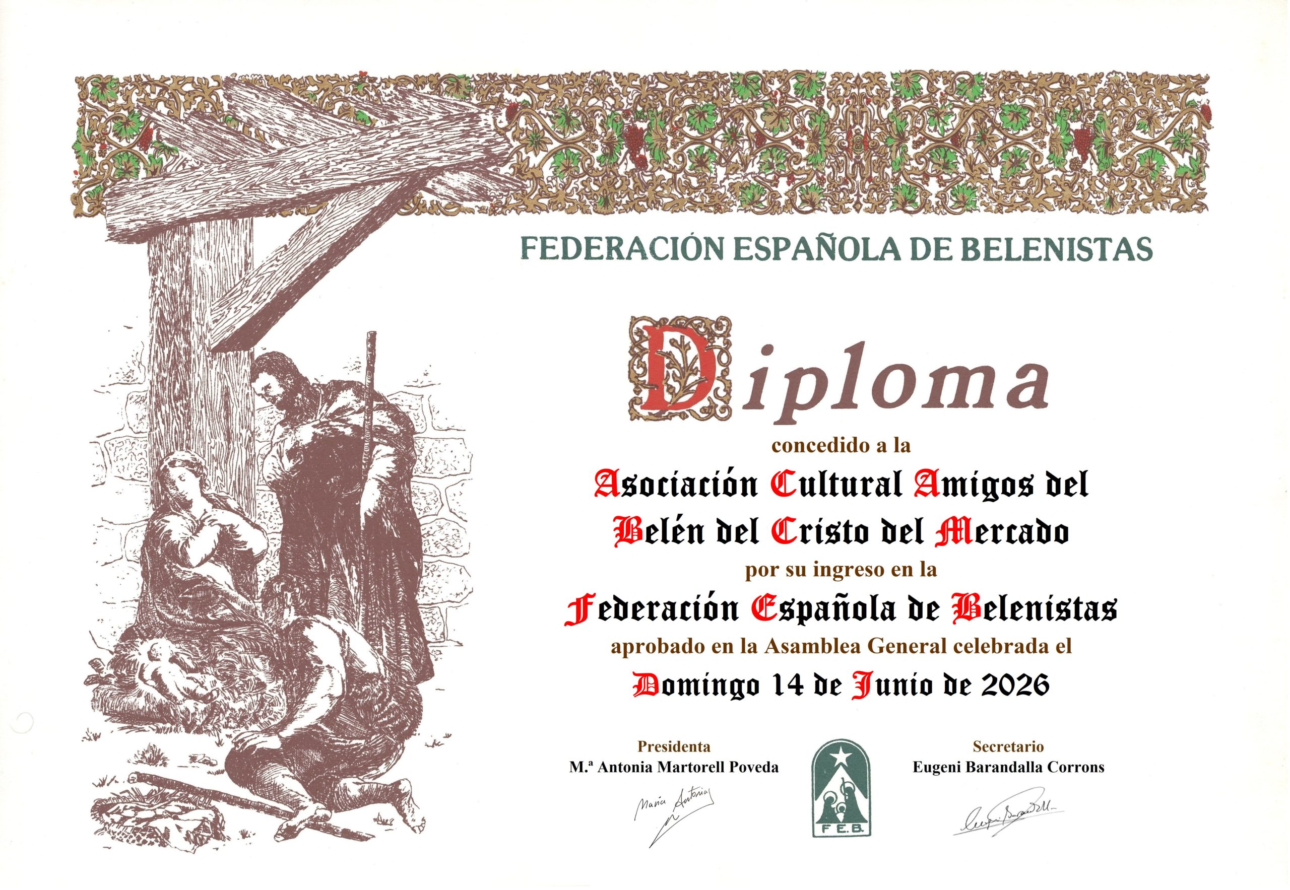 Diploma conmemorativo de la entrada de la Asociación Cultural Amigos del Belén del Cristo del Mercado en la Federación Española de Belenistas el domingo 14 de junio de 2026