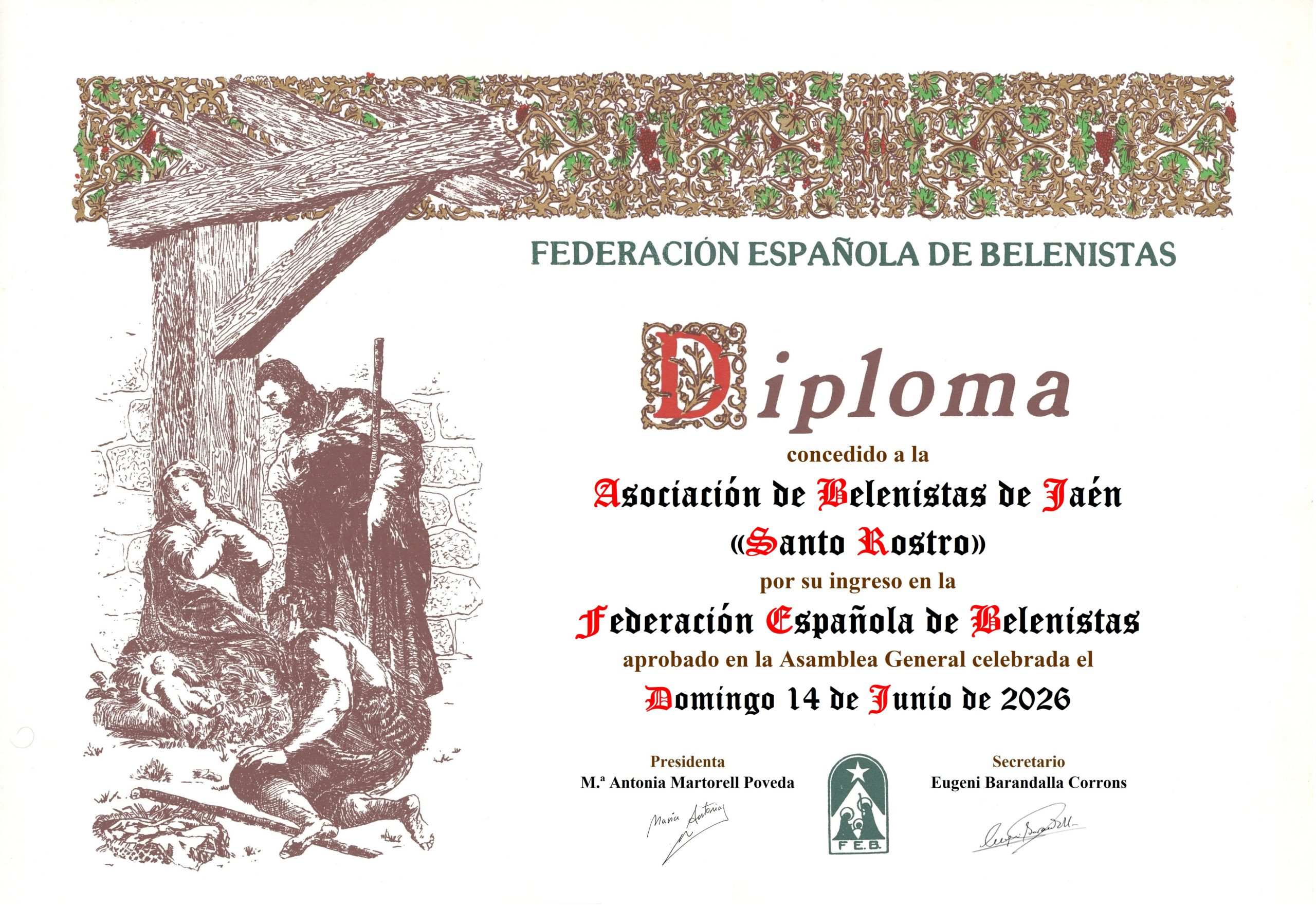 Diploma conmemorativo de la entrada de la Asociación de Belenistas de Jaén «Santo Rostro» en la Federación Española de Belenistas el domingo 14 de junio de 2026